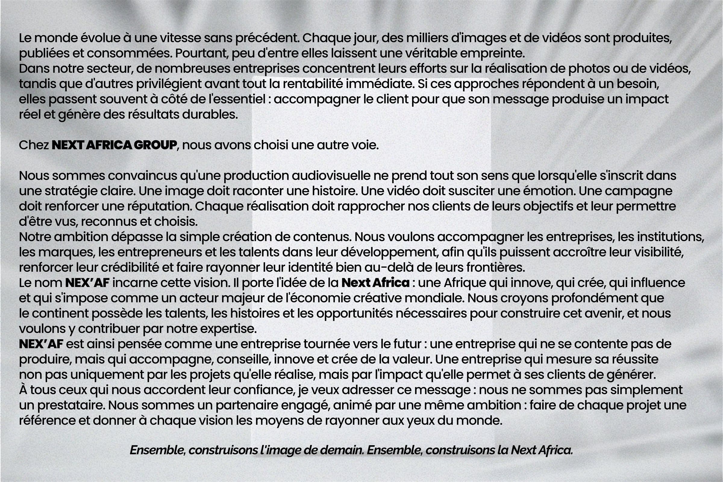 Lettre du fondateur de NEXT AFRICA GROUP