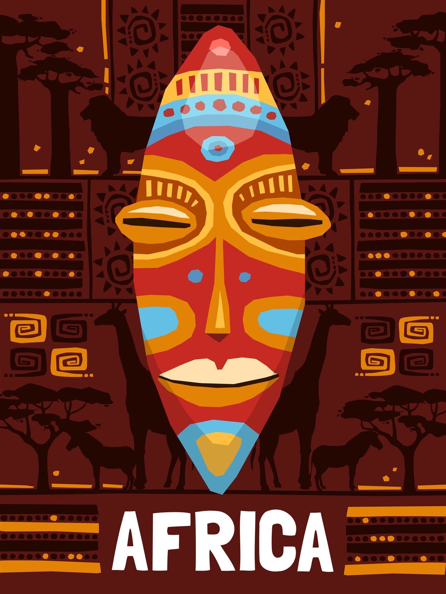 Illustration : masque africain sur motifs traditionnels, avec le mot Africa